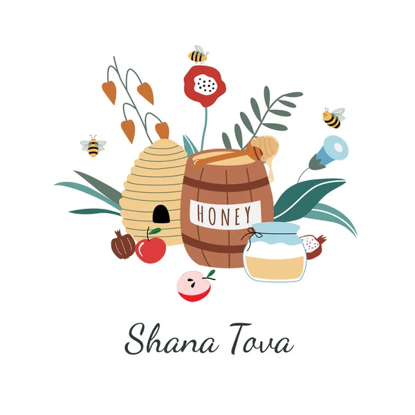 Tarjeta de felicitación Rosh Hashaná. Postales judías de Año Nuevo. Plantilla de Shana Tova feliz para invitaciones. Lindo vector de dibujos animados ilustración con miel, manzanas, flores, colmena, barril, granada . — Archivo Imágenes Vectoriales