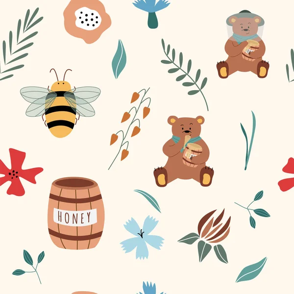 Бесшовный узор с пчелами, цветами, медведями в милом мультяшном стиле. Ручной рисунок вектора. Полезно для оформления упаковок органических продуктов, листовок, бэкграундов, конвертов, оберточной бумаги, принтов — стоковый вектор