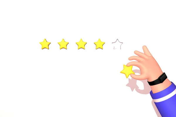 Hand houden review ster. Vijf sterren. Online feedback concept. Trendy cartoon 3d weergave illustratie. — Stockfoto