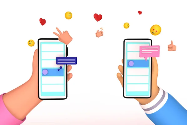 Två händer håller smartphones med korta meddelanden, chatta med varandra, skicka leenden, gillar. Kommunikationskoncept online. Färgglada trendiga 3D render illustration. — Stockfoto