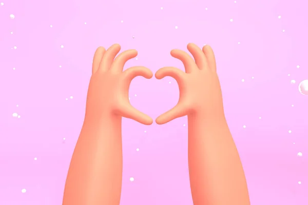 Les mains humaines font un geste de forme de cœur. fond de couleur rose. Concept d'amour. Saint Valentin. Illustration de rendu 3d dans le style de dessin animé mignon. — Photo