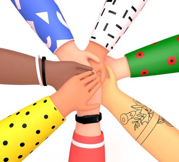 Emberek csoportja, akik egymás kezét fogják. Barátság, partnerség, csapatmunka, közösség, csapatépítés. 3D teszik illusztráció trendi rajzfilm stílus — Stock Fotó