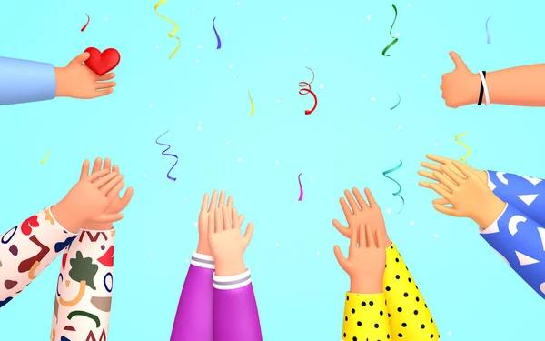 Un gruppo di persone applaude, gradisce. Applausi, ovazioni, festeggiamenti, estasi. Illustrazione di rendering 3d in stile cartone animato carino. — Foto Stock