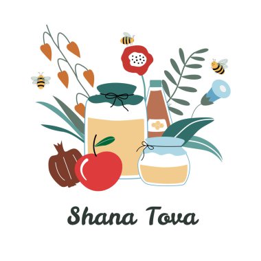 Rosh Hashanah tebrik kartı. Yahudi yeni yıl kartpostalları. Davetiyeler için Mutlu Shana Tova şablonu. Bal, elma, çiçek, arı kovanı, fıçı, nar içeren şirin çizgi film çizimi.