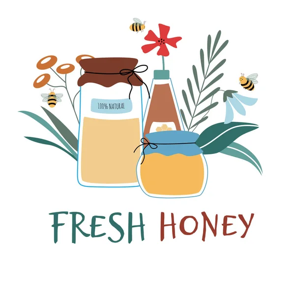 Vykort för honungsprodukt, färsk honungstext. Tre honungsburkar med honung, bin, blommor. Användbar för designflygblad, klistermärken, banderoller, bakgrunder. Handritad vektor illustration. — Stock vektor