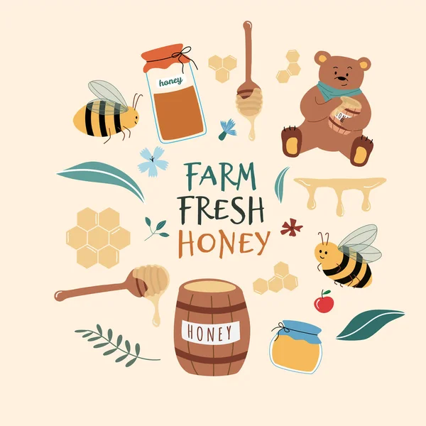 Postcard for honey product , farm fresh honey text. Barrel, jars, spoon, flowers, bear. Useful for design flyers, stickers, banners, backgrounds. Hand drawn vector illustration. Isolated on background — Stock Vector