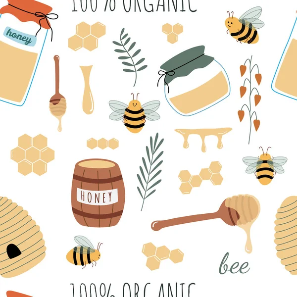 Nahtloses Muster mit Bienen, Honig, Bio-Text, Waben, Blumen, Gläser. Handgezeichnete Vektorillustration. Nützlich für Verpackungsdesign von Bioprodukten, Flyern, Hintergründen, Bannern — Stockvektor