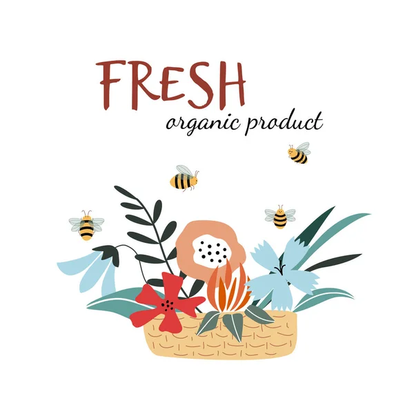 Postkarte für Honigprodukt, Text für frisches Bio-Produkt. Bienen fliegen über Blumen. Nützlich für die Gestaltung von Flyern, Aufklebern, Bannern, Hintergründen. Handgezeichnete Vektorillustration. Isoliert im Hintergrund. — Stockvektor