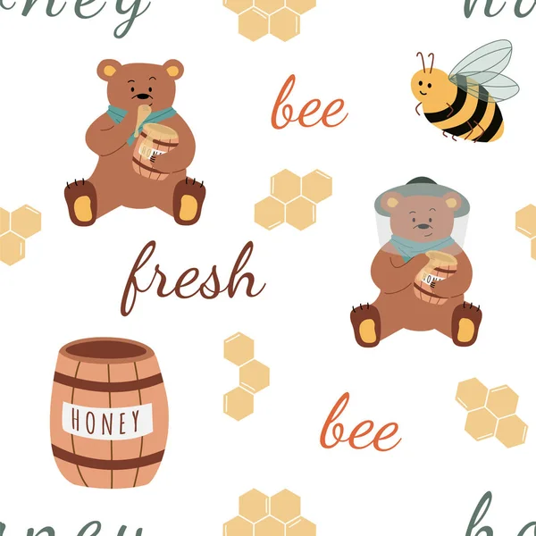 Nahtloses Muster mit Bienen, Bären, Waben, Biene und frischem Text. Handgezeichnete Vektorillustration. Nützlich für Verpackungsdesign von Bioprodukten, Flyern, Hintergründen, Bannern, Packpapier, Drucken — Stockvektor