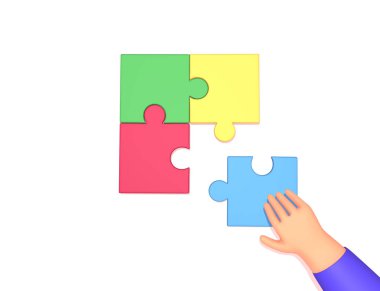 Takım çalışması 3D çizim çizimi. Tek el tutuş ve yapboz parçasını yerleştirme. Eş zamanlı takım oluşturma, iş ve ortaklık kavramı.