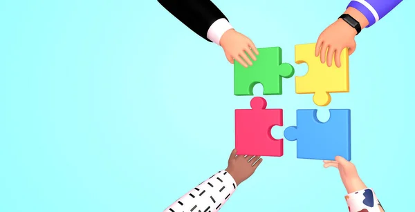 Teamwork 3d render illustration.  Hands holding and putting puzzle pieces. Coworking team building , business and partnership concept. Web banner or background — Stock Photo, Image