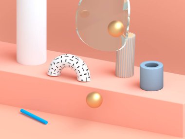 Geometri şekillerinin 3 boyutlu oluşturma bileşimi: küp, silindir, küre. Pastel renk paletinde minimalist illüstrasyon. Çapraz hareket, dinamik. Podyum ya da arkaplan olarak ağ, maket için kullanışlı