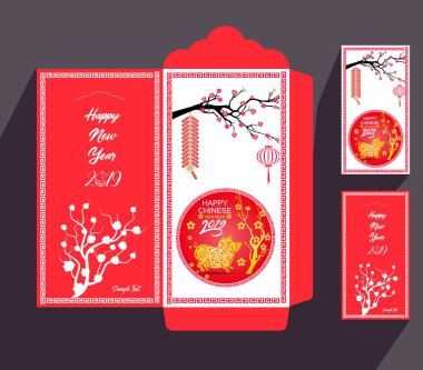 Çin yeni yılı kırmızı zarf düz simgesi, domuz 2019 yılı