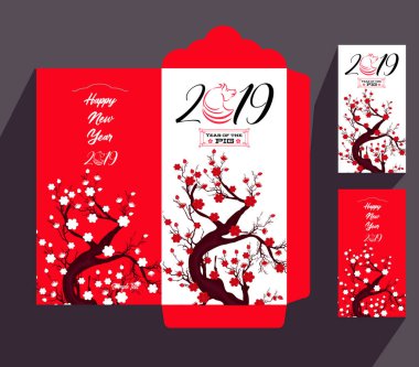 Çin yeni yılı kırmızı zarf düz simgesi, domuz 2019 yılı