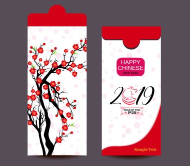Çin yeni yılı kırmızı zarf düz simgesi, domuz 2019 yılı