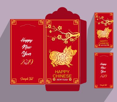 Çin yeni yılı kırmızı zarf düz simgesi, domuz 2019 yılı