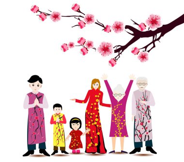 Mutlu çene yeni yıl mutlu bir aile ve uzun elbise.