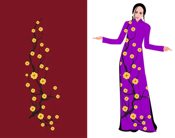 Ανθισμένες Κερασιές Στο Μακρύ Φόρεμα Για Ευτυχισμένος Κινέζοs Νέο Έτος — Διανυσματικό Αρχείο