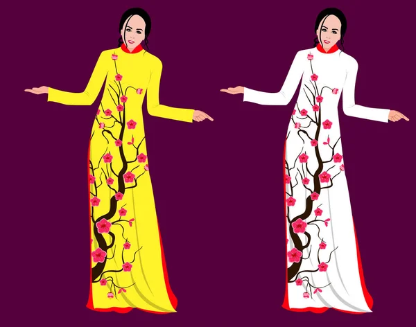 Вектор Вишневий Цвіт Довгій Сукні Щасливого Китайського Нового Року — стоковий вектор