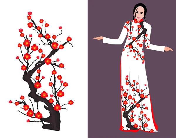 Vector Flor Cerezo Vestido Largo Para Feliz Año Nuevo Chino — Archivo Imágenes Vectoriales