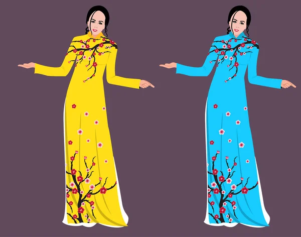 Vecteur Fleur Cerisier Sur Robe Longue Pour Heureux Nouvel Chinois — Image vectorielle