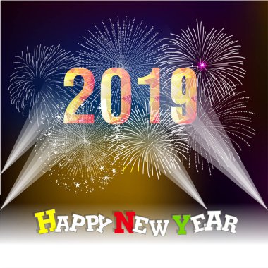 2019 mutlu yeni yıl tebrik kartı renkli havai fişek ile. Vektör tasarım şablonu.