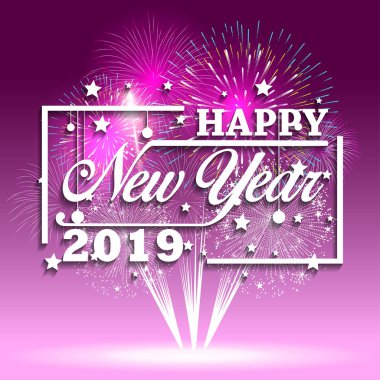 2019 mutlu yeni yıl tebrik kartı renkli havai fişek ile. Vektör tasarım şablonu.