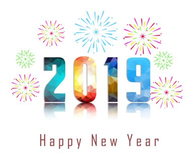 2019 mutlu yeni yıl tebrik kartı renkli havai fişek ile. Vektör tasarım şablonu.