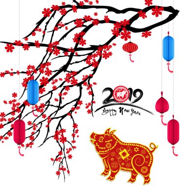 Mutlu yeni yıl 2019. Chienese yeni yıl, yıl domuz. Kiraz çiçeği arka plan