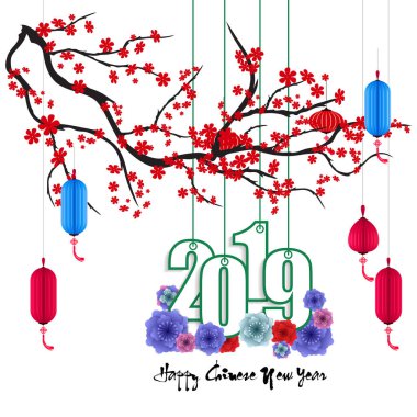 Mutlu yeni yıl 2019. Chienese yeni yıl, yıl domuz. Kiraz çiçeği arka plan