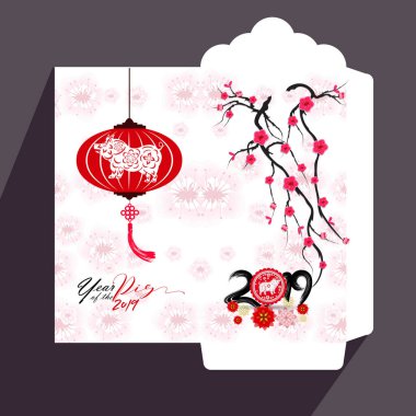 Çin yeni yılı kırmızı zarf düz simgesi, domuz 2019 yılı