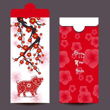 Çin yeni yılı kırmızı zarf düz simgesi, domuz 2019 yılı