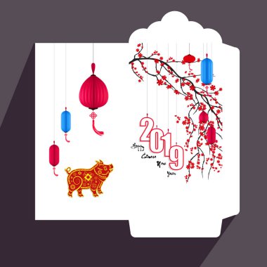 Çin yeni yılı kırmızı zarf düz simgesi, domuz 2019 yılı