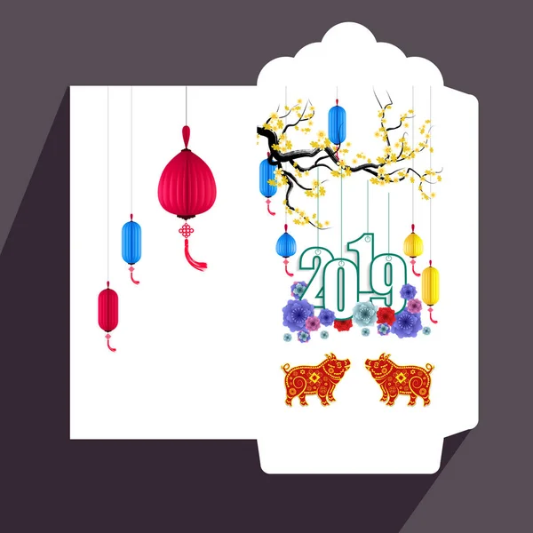 Китайский Новогодний Красный Конверт Плоская Икона Год Свиньи 2019 — стоковый вектор