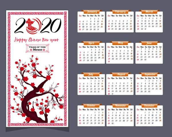 Calendario 2020 Para Nuevo Año Del Ratón — Archivo Imágenes Vectoriales