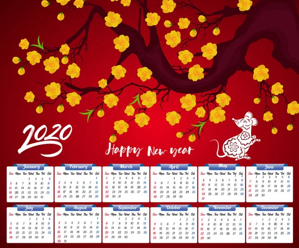 Calendario 2020 Para Nuevo Año Del Ratón — Vector de stock