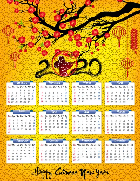 2020 Calendar New Year Year Mouse — Stock Vector