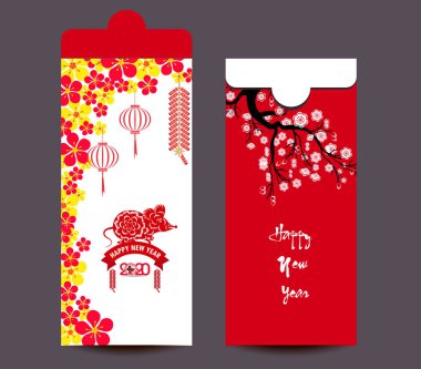 Çin yeni yılı kırmızı zarf düz simgesi, sıçan 2020 yılı