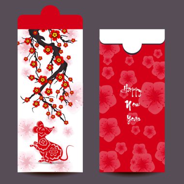 Çin yeni yılı kırmızı zarf düz simgesi, sıçan 2020 yılı