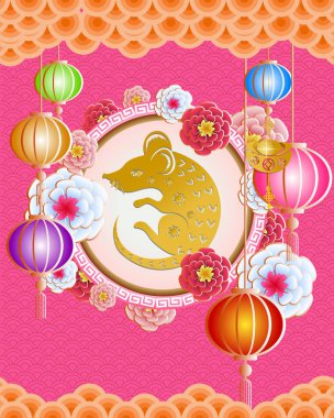 Mutlu Çin Yeni Yılı 2020 yıl sıçan kağıt kesme tarzı. ay yeni yıl 2020