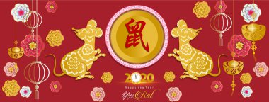 Mutlu Çin Yeni Yılı 2020 yıl sıçan kağıt kesme tarzı. ay yeni yıl 2020