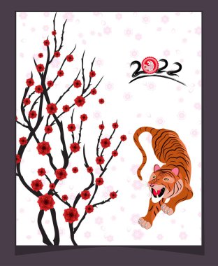 Çin Yeni Yılı 2022 - Kaplan Yılı. Ay Yeni Yıl afişi tasarım şablonu. Zodiac burcu. Soyut çiçek dokusu. Burç sembolü 2022
