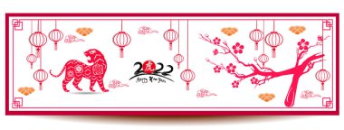 Çin Yeni Yılı 2022 - Kaplan Yılı. Ay Yeni Yıl afişi tasarım şablonu. Zodiac burcu. Soyut çiçek dokusu. Burç sembolü 2022