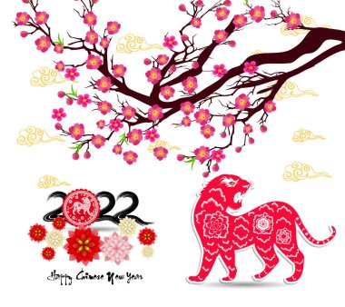 Çin Yeni Yılı 2022 - Kaplan Yılı. Ay Yeni Yıl afişi tasarım şablonu. Zodiac burcu. Soyut çiçek dokusu. Burç sembolü 2022