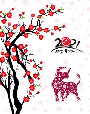 Mutlu Çin Yeni Yılı 2021 Öküz 'ün kiraz çiçekli yılı