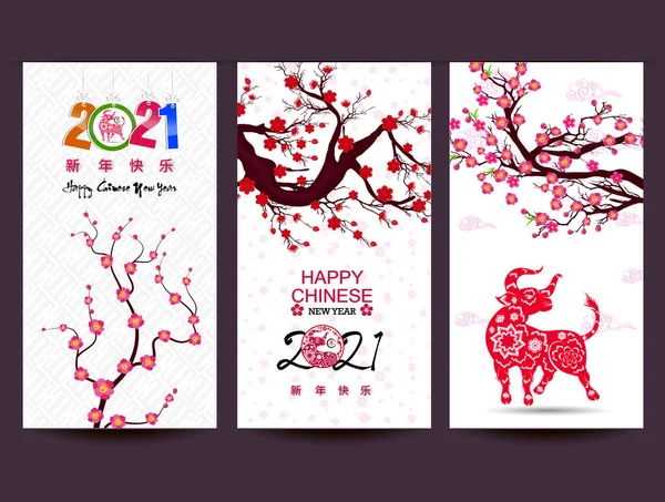 Happy Chinese New Year 2021 Cherry Blossom Flower Year — Stock Vector