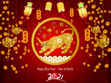 Mutlu Çin Yeni Yılı 2021 Öküz 'ün kiraz çiçekli yılı