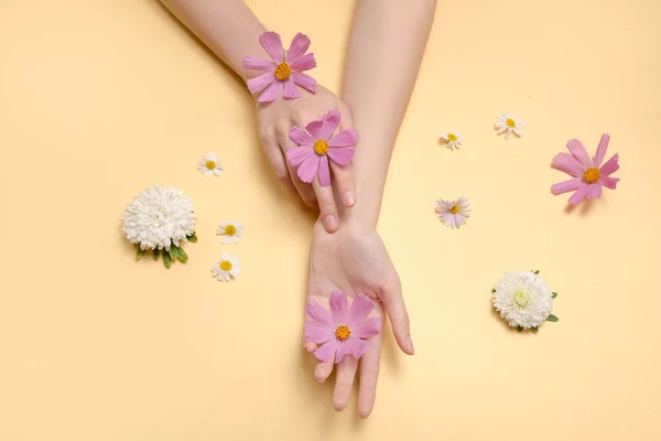 Beautiful woman hands hold flowers. Thin wrist and natural manic