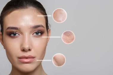 Yaşlı bir kadının yüzünde kırışıklık ve cilt kusurlarının yakın çekimleri. Güzellik tedavisinden sonra mükemmel cildine dokunan güzel bir genç kadının portresi. Yaşlanma süreci kavramı.