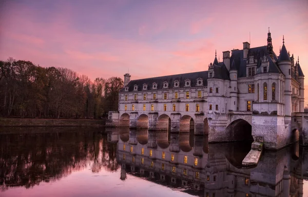 Chateau de Chenonceau Loire Valley Frankrike solnedgång Royaltyfria Stockbilder